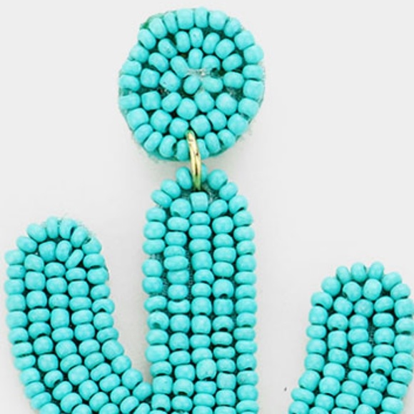 Beaded Turquoise Cactus Dangle Earrings Fun Shaped Drop Felt Back Jewelry - Picture 2 of 3